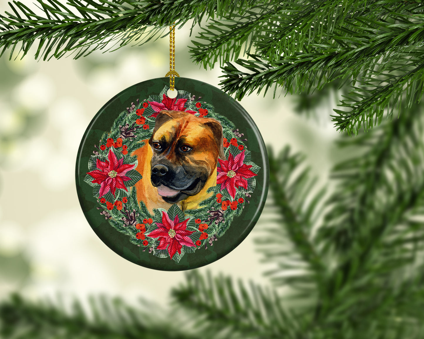 Boerboel Mastiff Poinsetta Wreath Ceramic Ornament