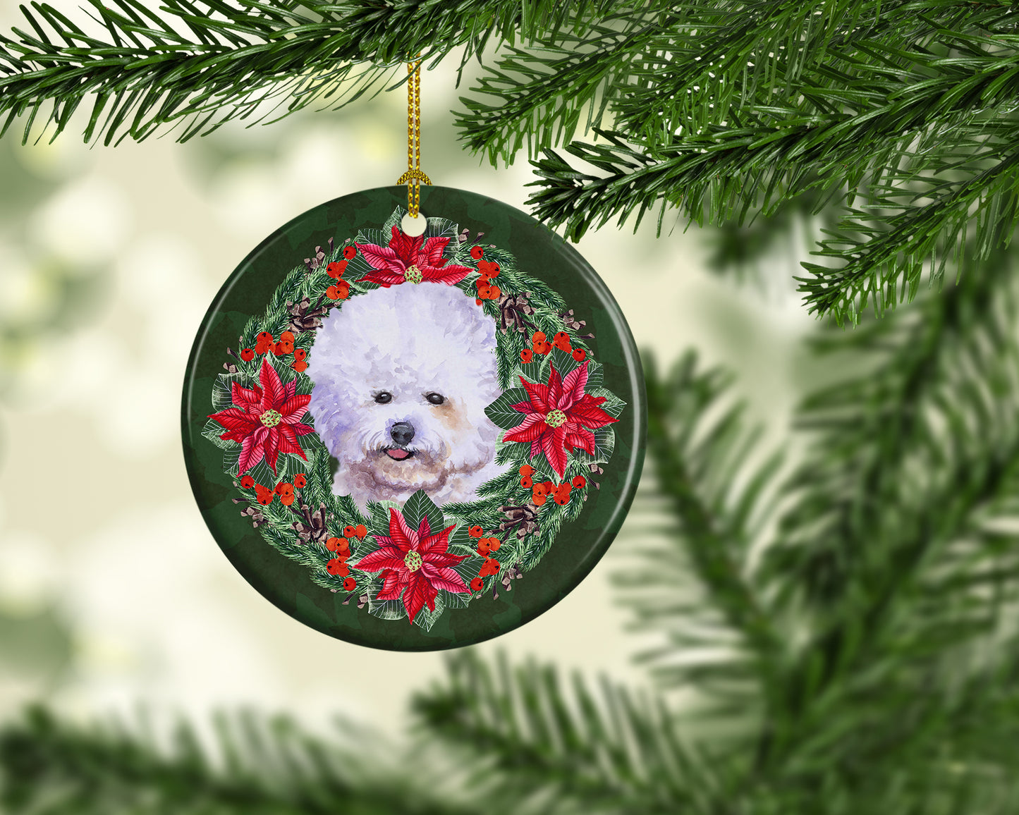 Bichon Frise Poinsetta Wreath Ceramic Ornament