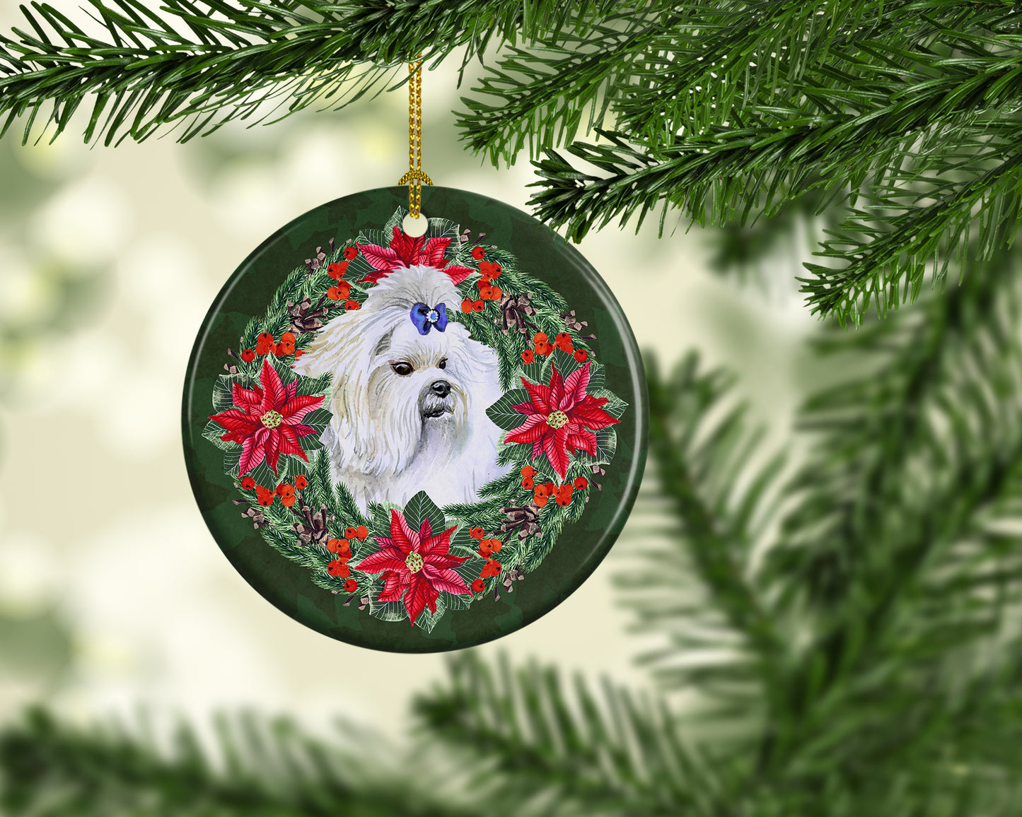 Maltese Poinsetta Wreath Ceramic Ornament