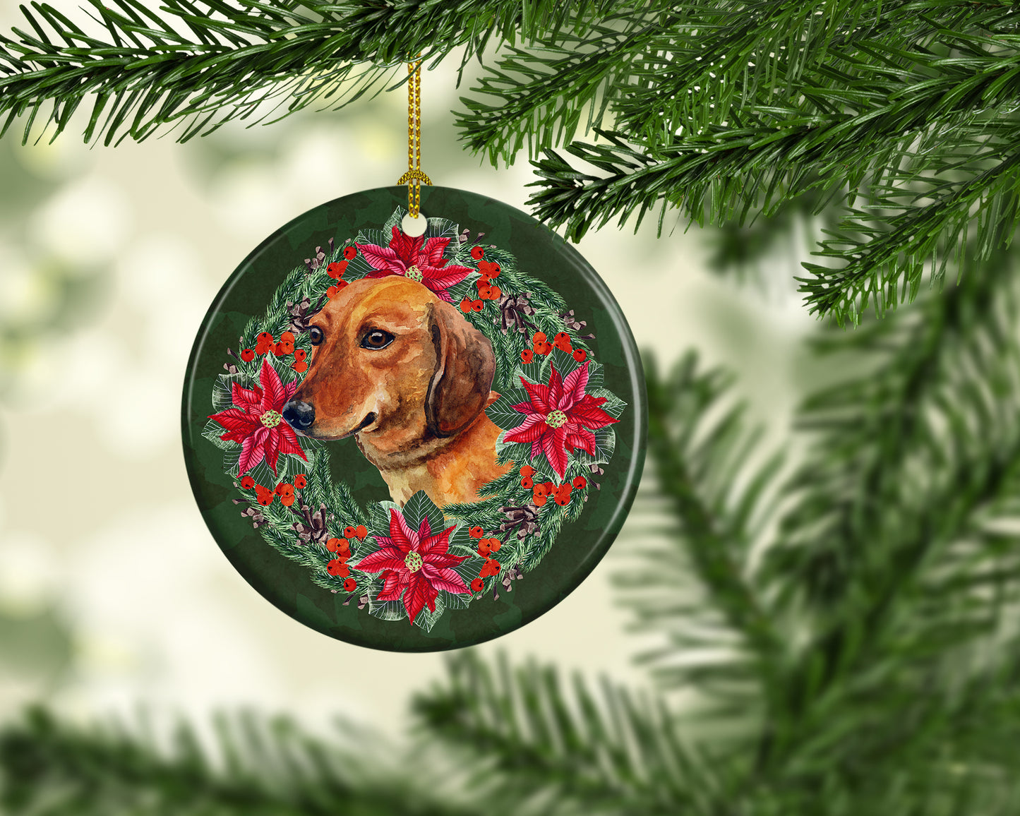 Dachshund Poinsetta Wreath Ceramic Ornament