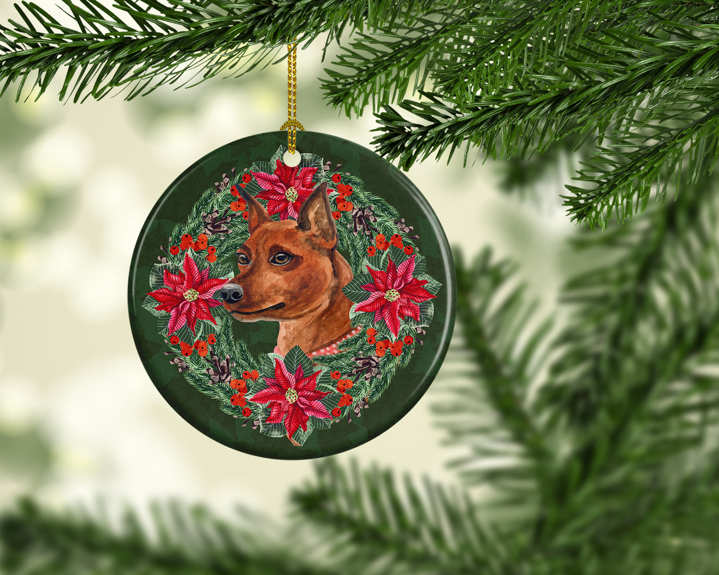 Miniature Pinscher Poinsetta Wreath Ceramic Ornament