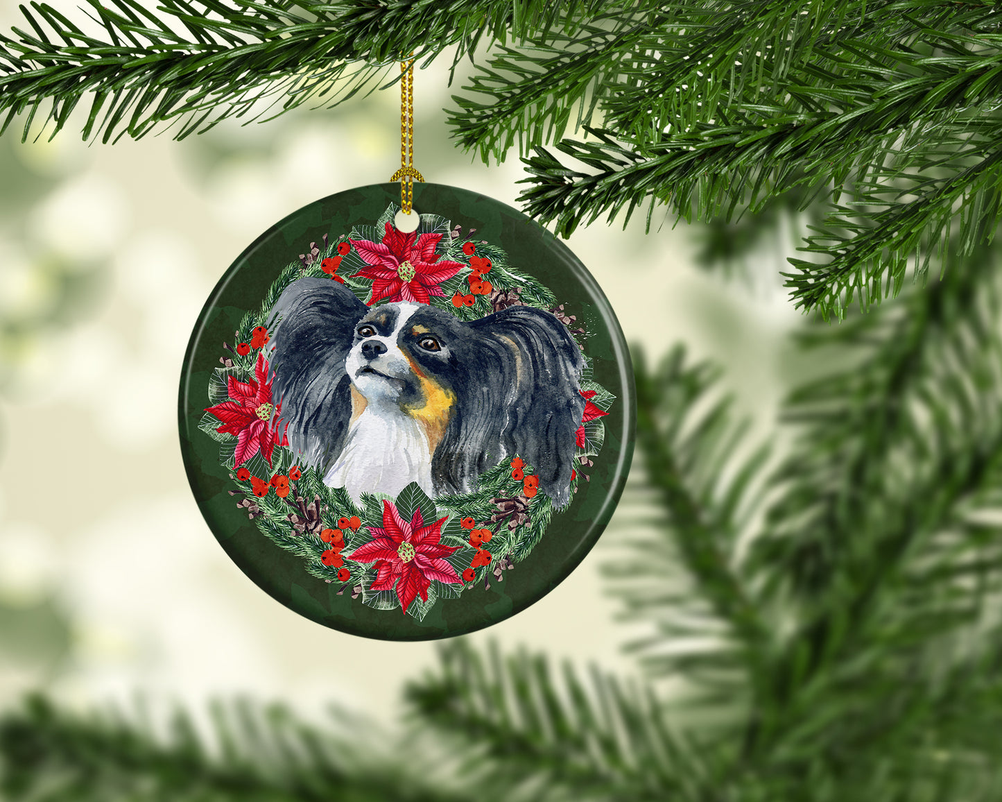 Papillon Poinsetta Wreath Ceramic Ornament