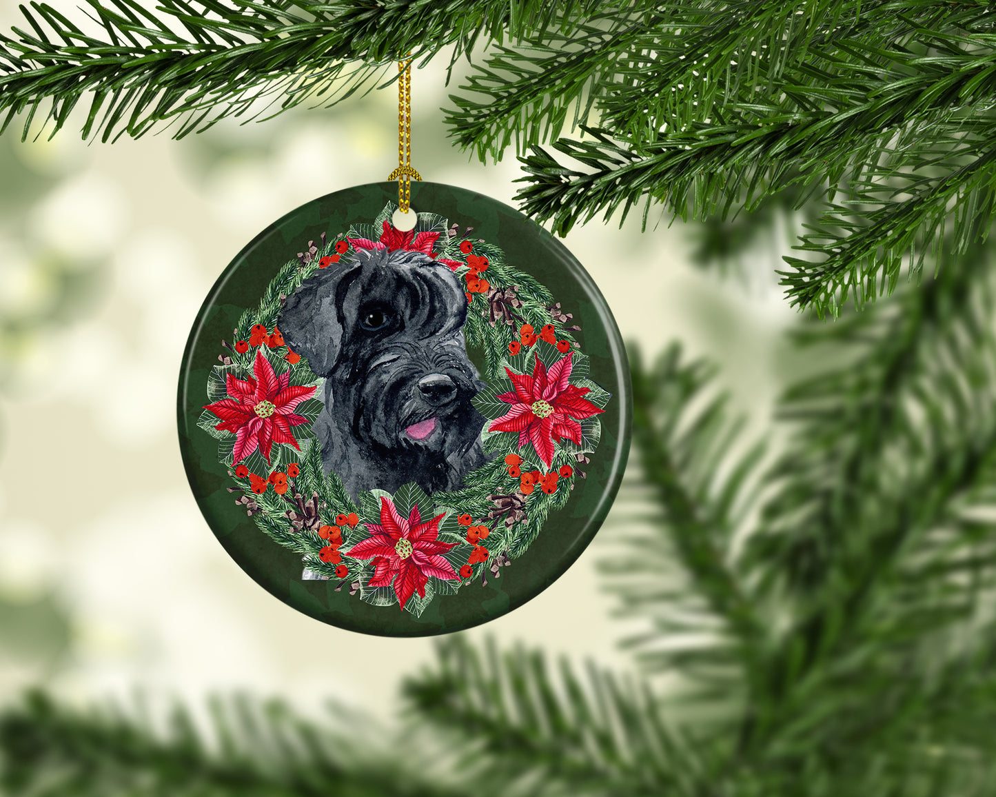 Giant Schnauzer Poinsetta Wreath Ceramic Ornament