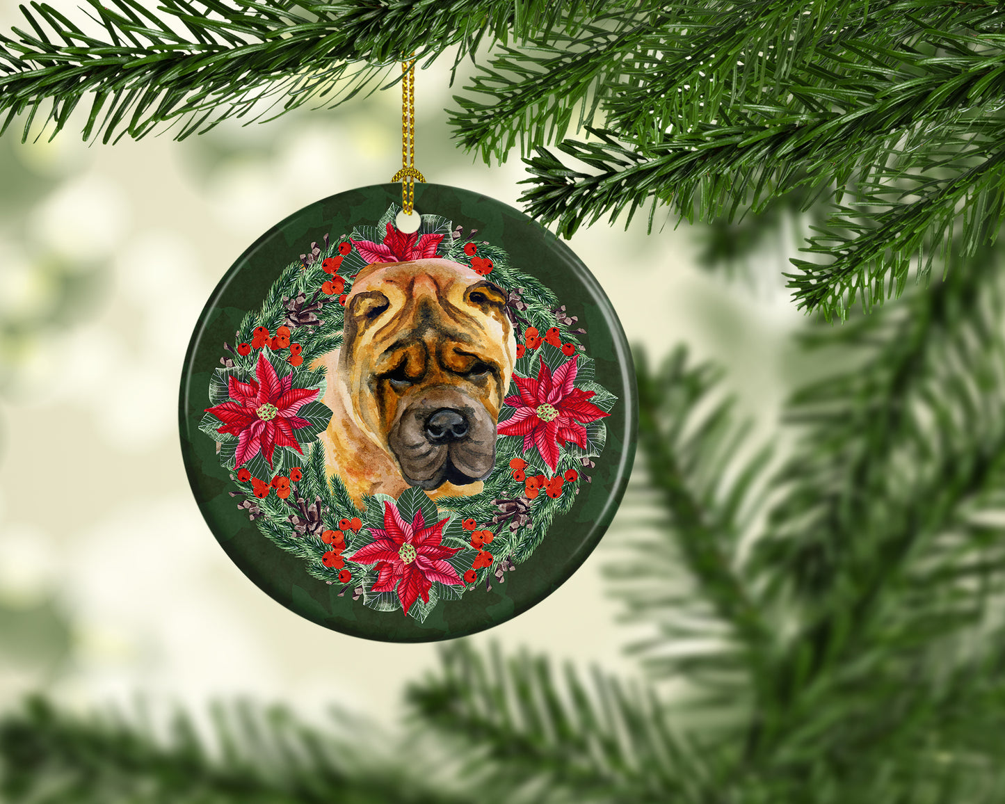 Shar Pei Poinsetta Wreath Ceramic Ornament