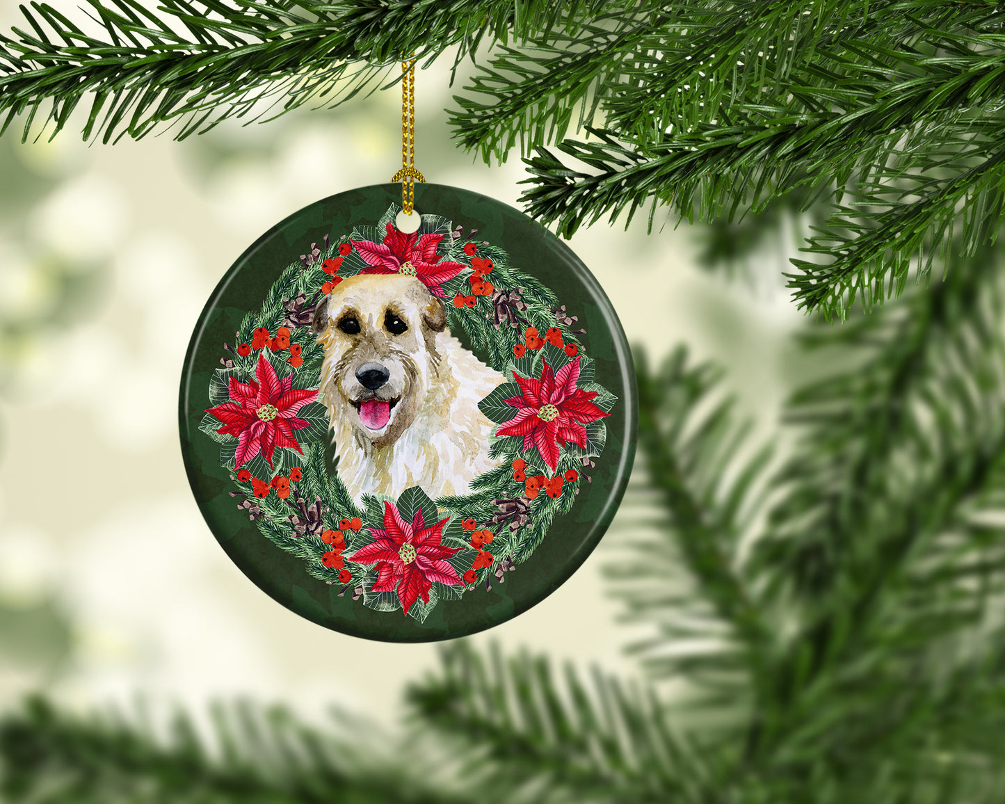 Irish Wolfhound Poinsetta Wreath Ceramic Ornament