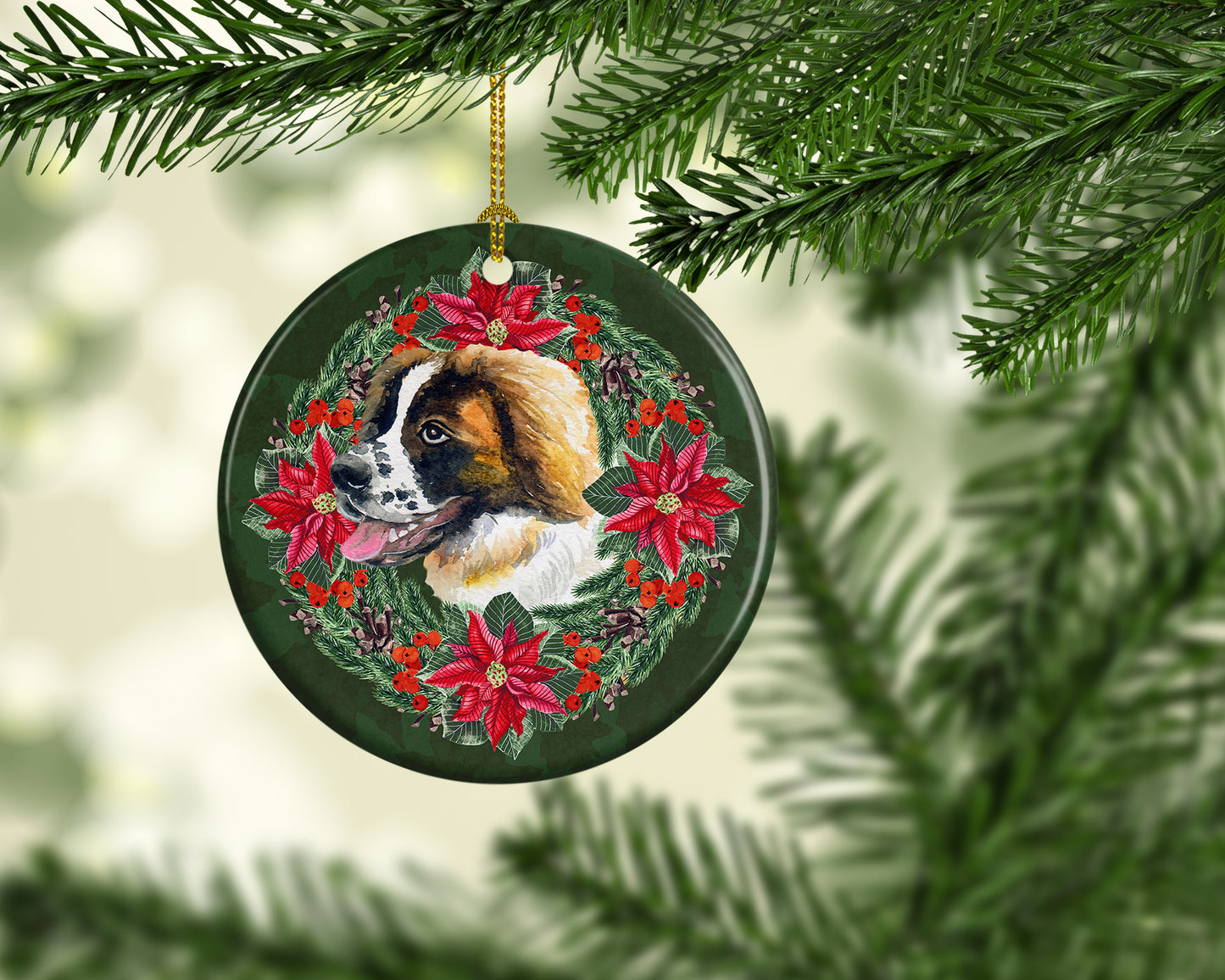 Saint Bernard Poinsetta Wreath Ceramic Ornament