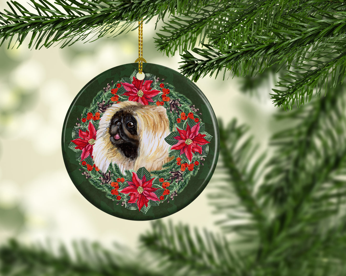 Pekingese Poinsetta Wreath Ceramic Ornament