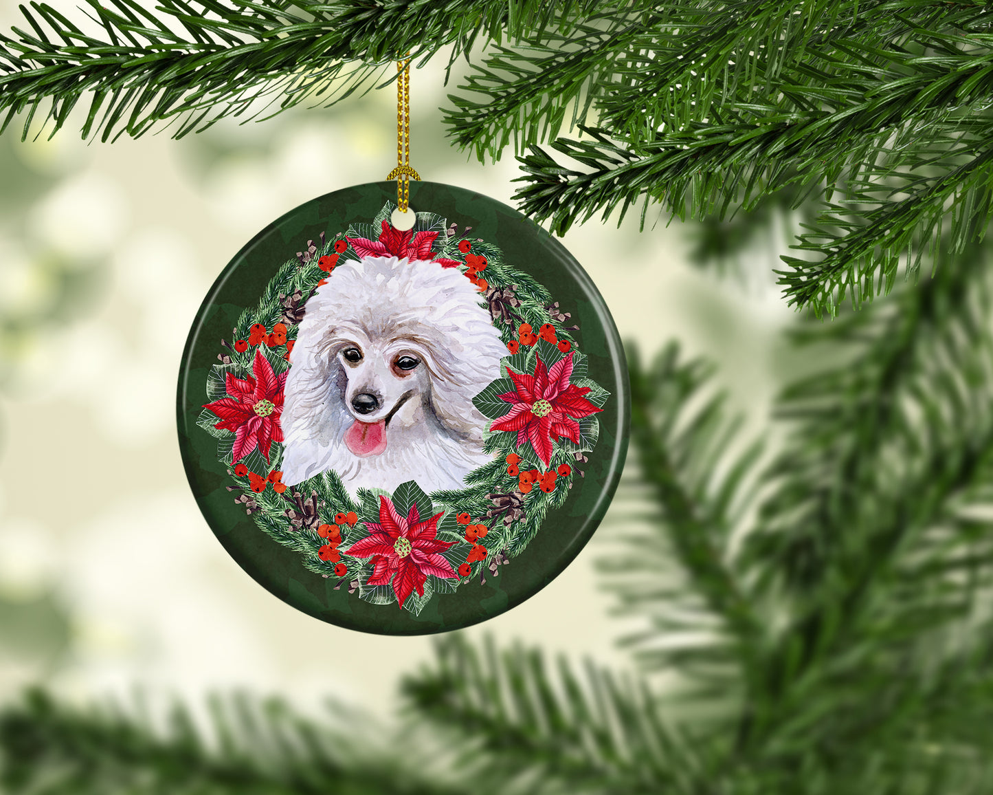 Medium White Poodle Poinsetta Wreath Ceramic Ornament