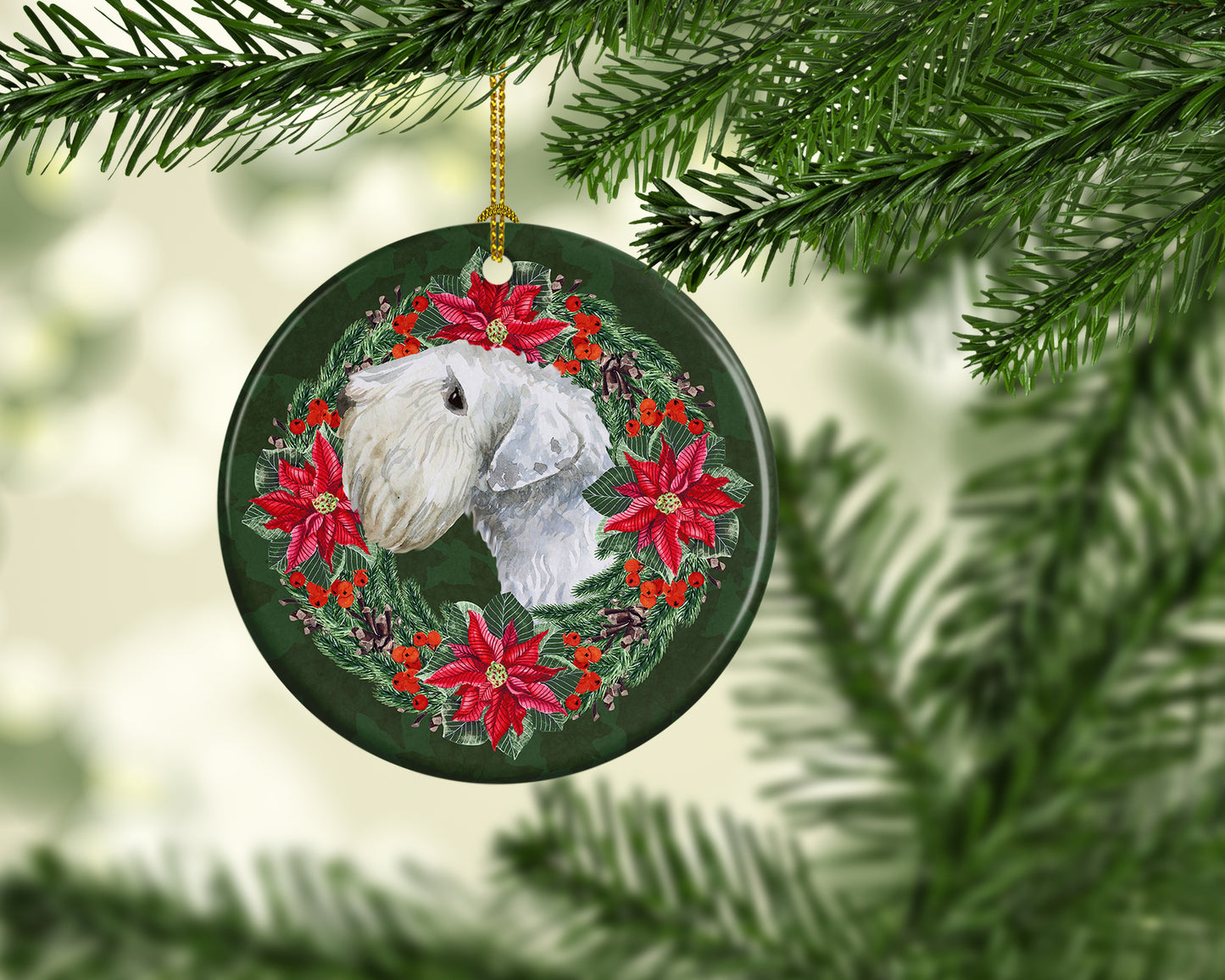 Sealyham Terrier Poinsetta Wreath Ceramic Ornament