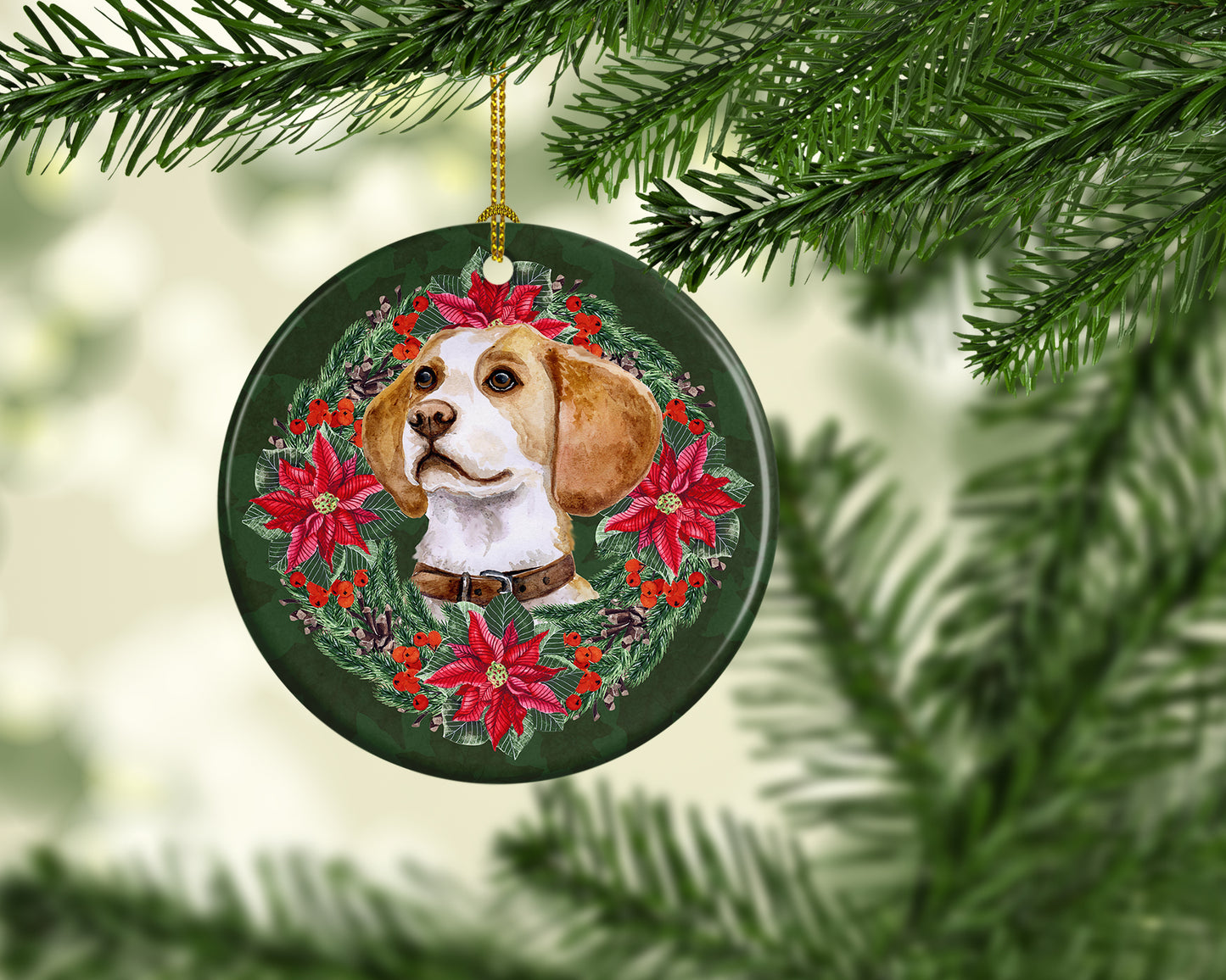 Beagle Poinsetta Wreath Ceramic Ornament