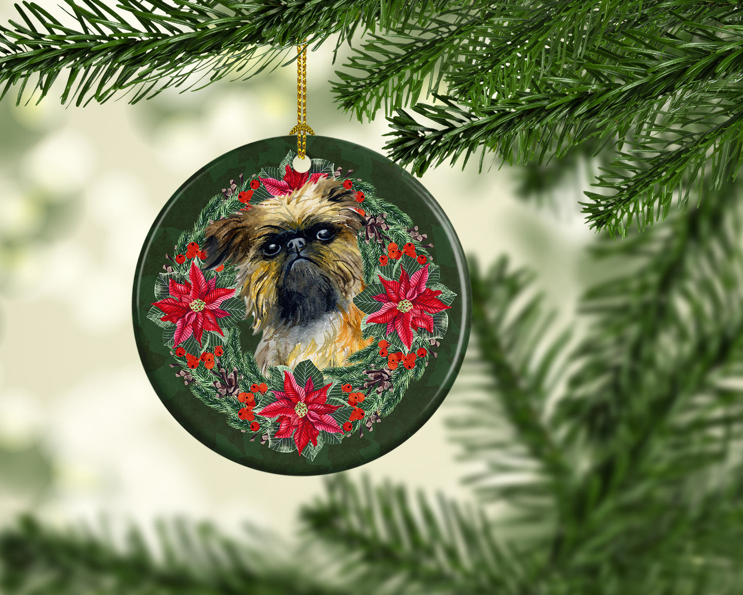 Brussels Griffon Poinsetta Wreath Ceramic Ornament