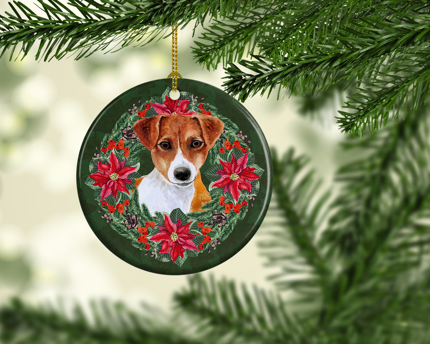 Jack Russell Terrier Poinsetta Wreath Ceramic Ornament