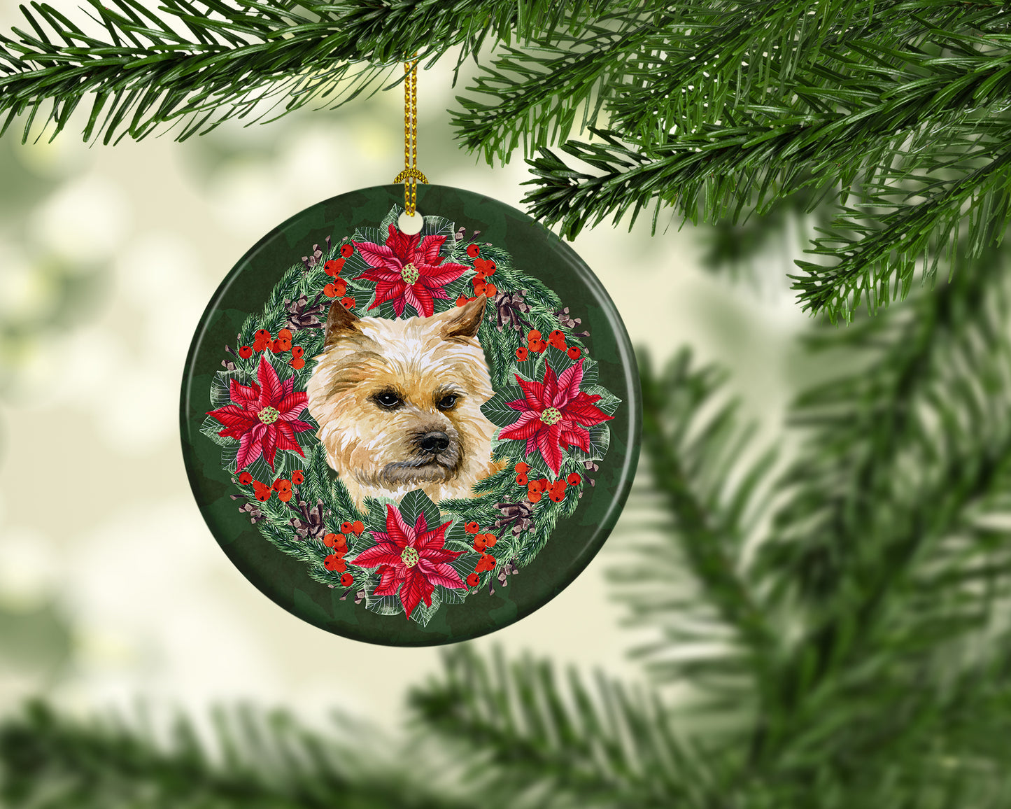 Cairn Terrier Poinsetta Wreath Ceramic Ornament