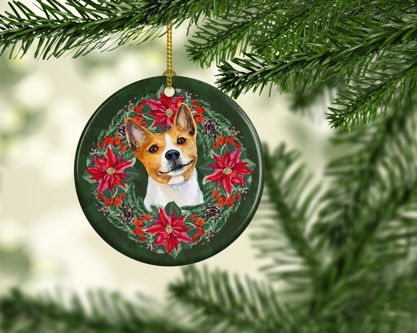 Basenji Poinsetta Wreath Ceramic Ornament