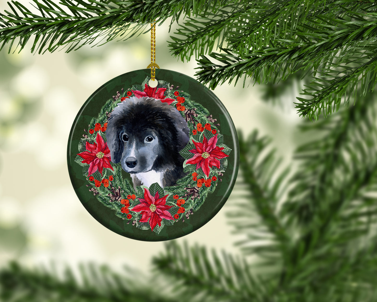 Newfoundland Puppy Poinsetta Wreath Ceramic Ornament