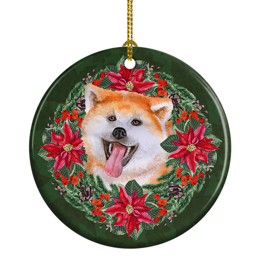 Buy this Akita Poinsetta Wreath Ceramic Ornament