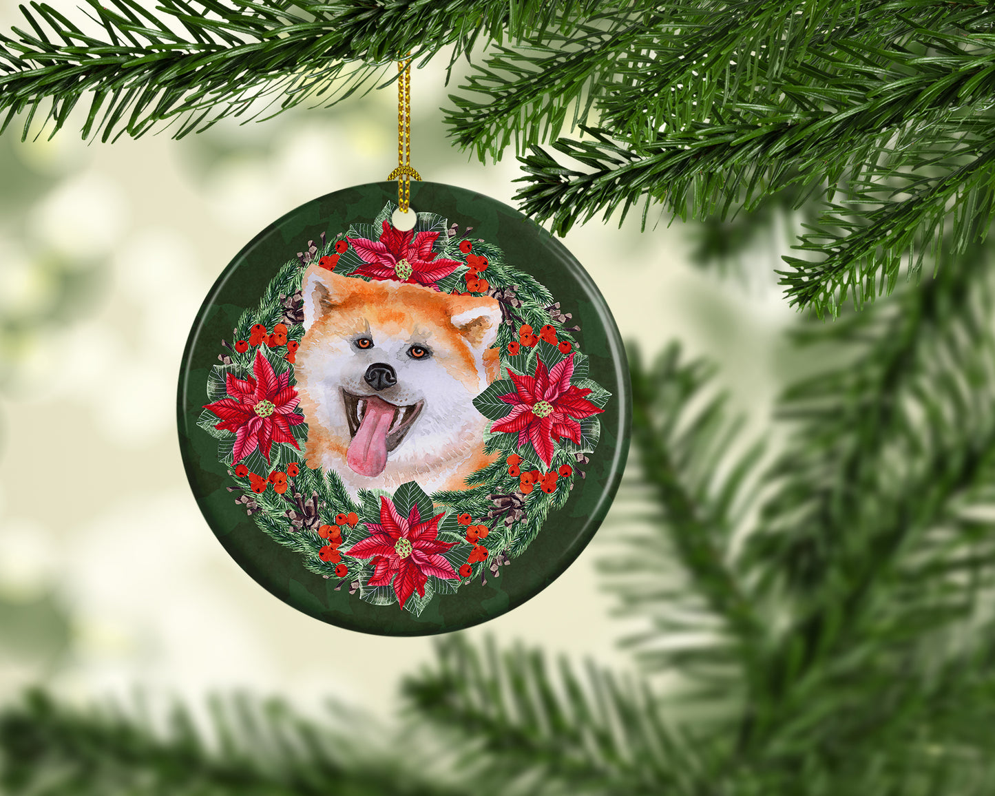 Akita Poinsetta Wreath Ceramic Ornament