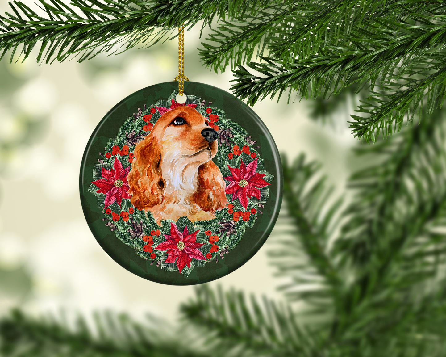 Cocker Spaniel Poinsetta Wreath Ceramic Ornament