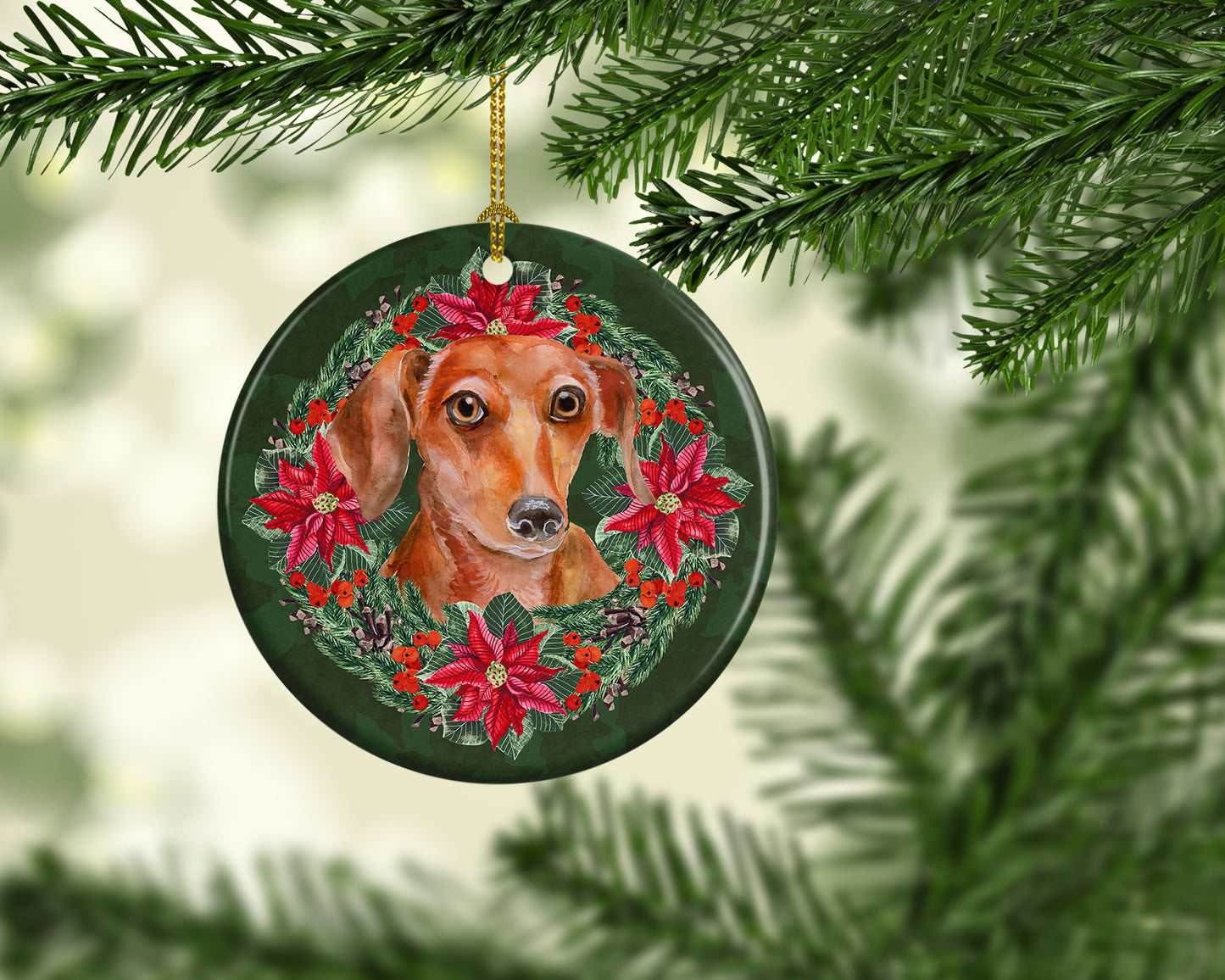 Red Dachshund Poinsetta Wreath Ceramic Ornament