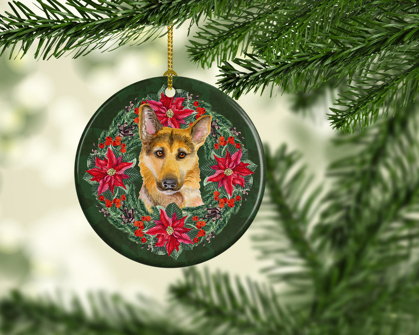 German Shepherd #2 Poinsetta Wreath Ceramic Ornament