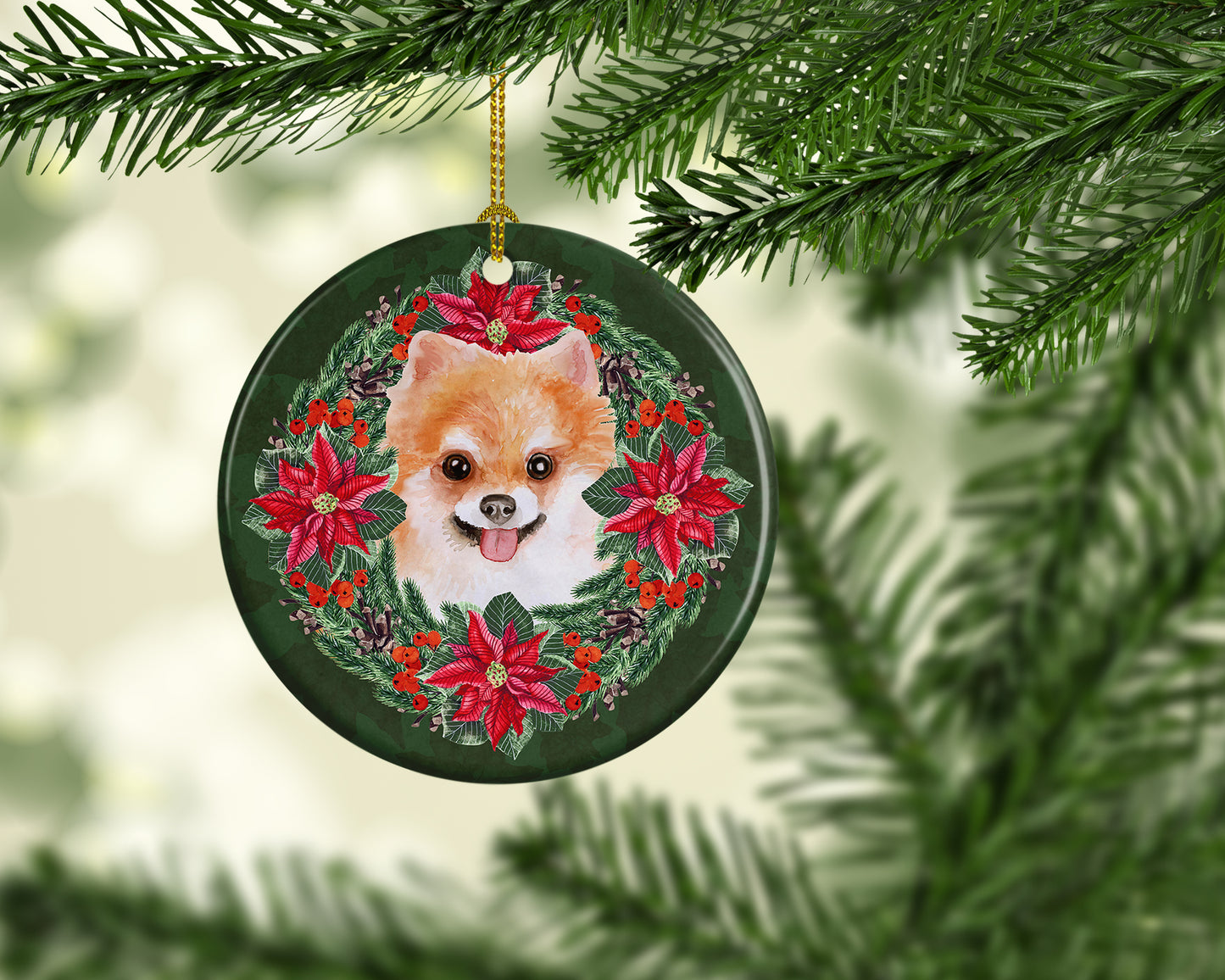 Pomeranian #2 Poinsetta Wreath Ceramic Ornament