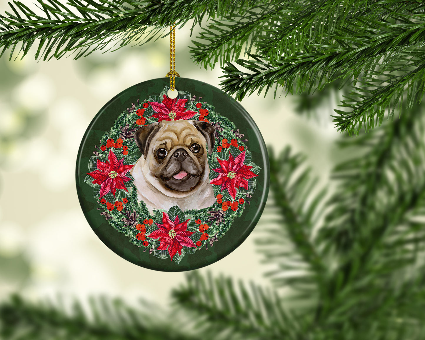 Fawn Pug Poinsetta Wreath Ceramic Ornament