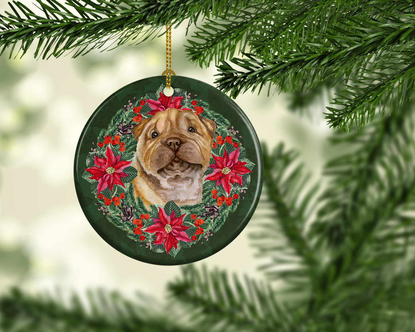 Shar Pei Puppy Poinsetta Wreath Ceramic Ornament
