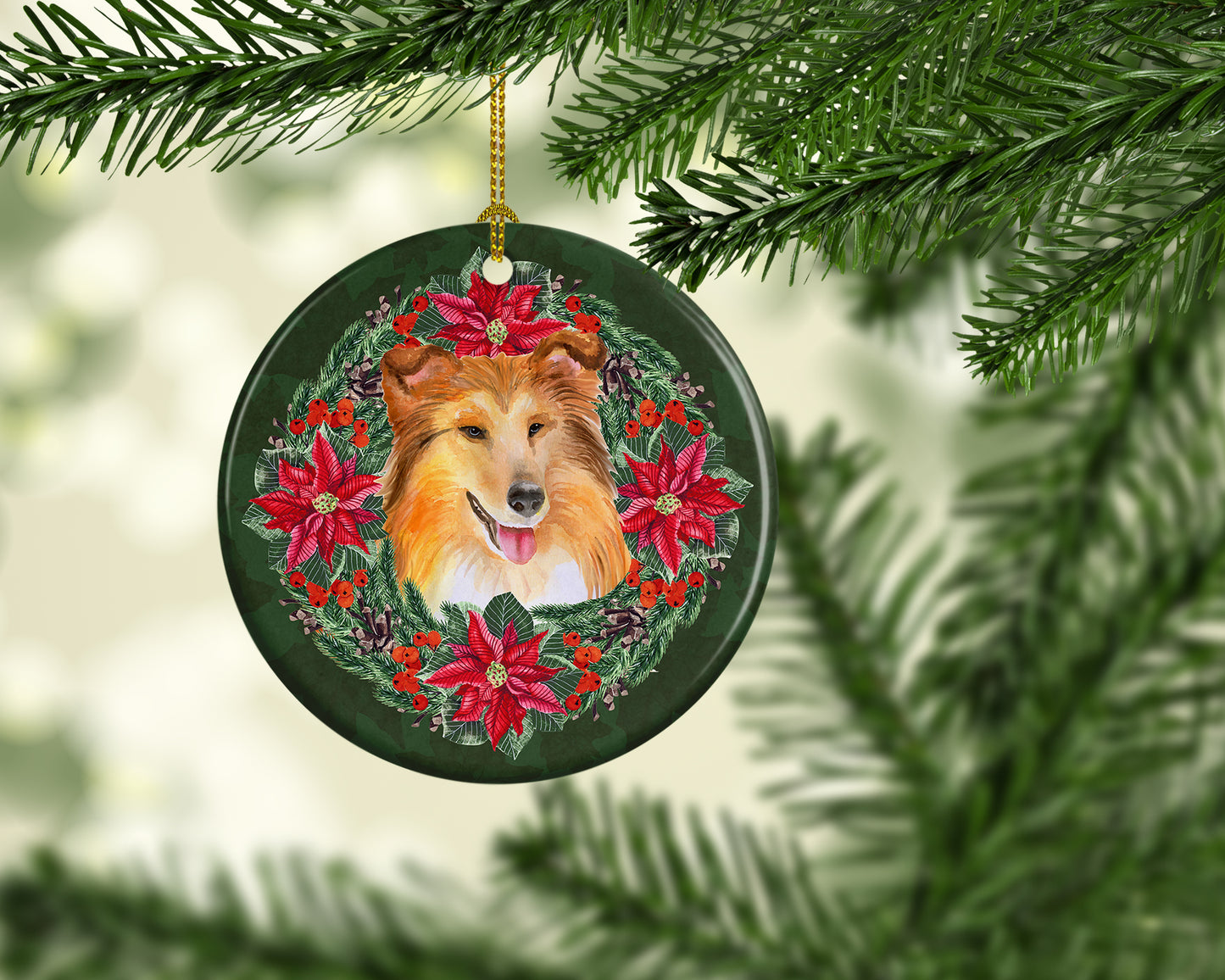Sheltie Poinsetta Wreath Ceramic Ornament