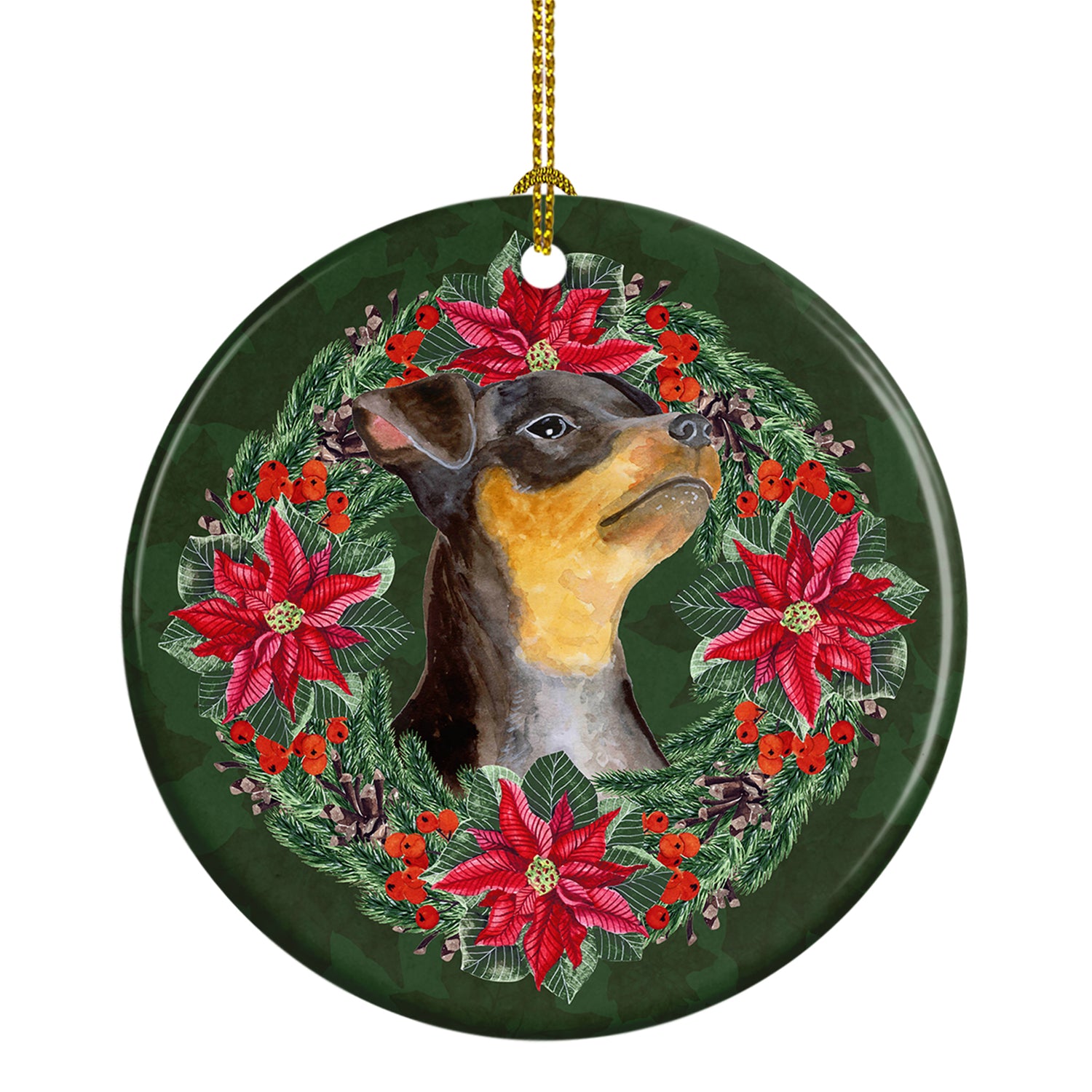 Buy this Miniature Pinscher #2 Poinsetta Wreath Ceramic Ornament