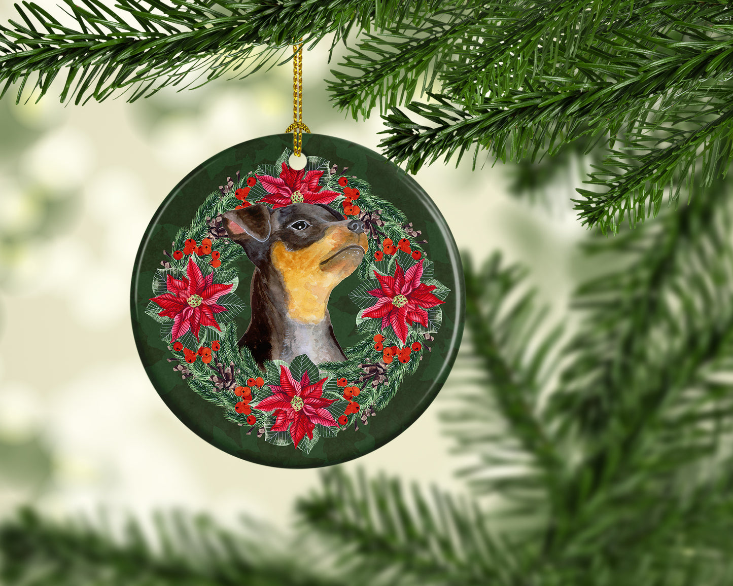 Miniature Pinscher #2 Poinsetta Wreath Ceramic Ornament