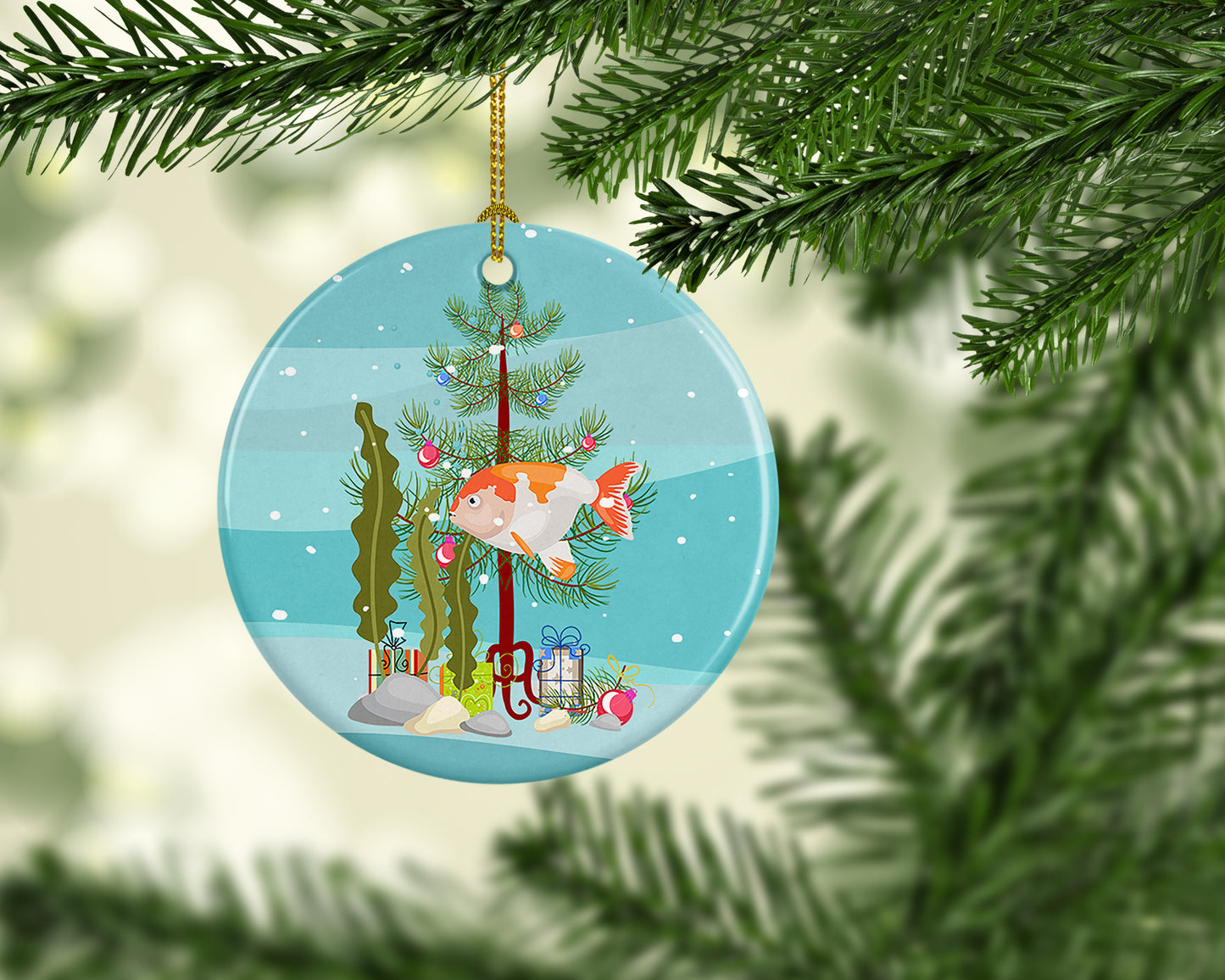 Lionhead Goldfish Merry Christmas Ceramic Ornament