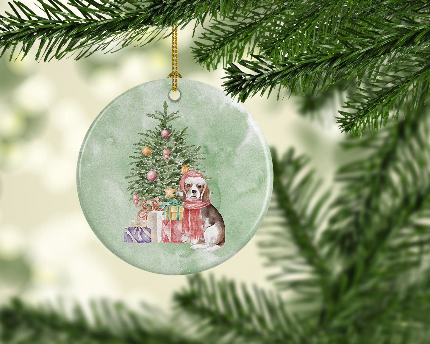 Beagle Puppy Christmas Presents and Tree Ceramic Ornament