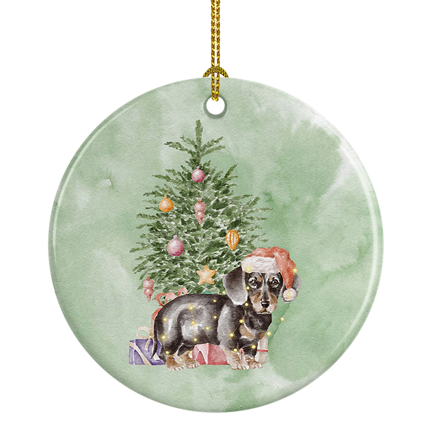 Buy this Dachshund Black Tan Puppy Christmas Presents and Tree Ceramic Ornament
