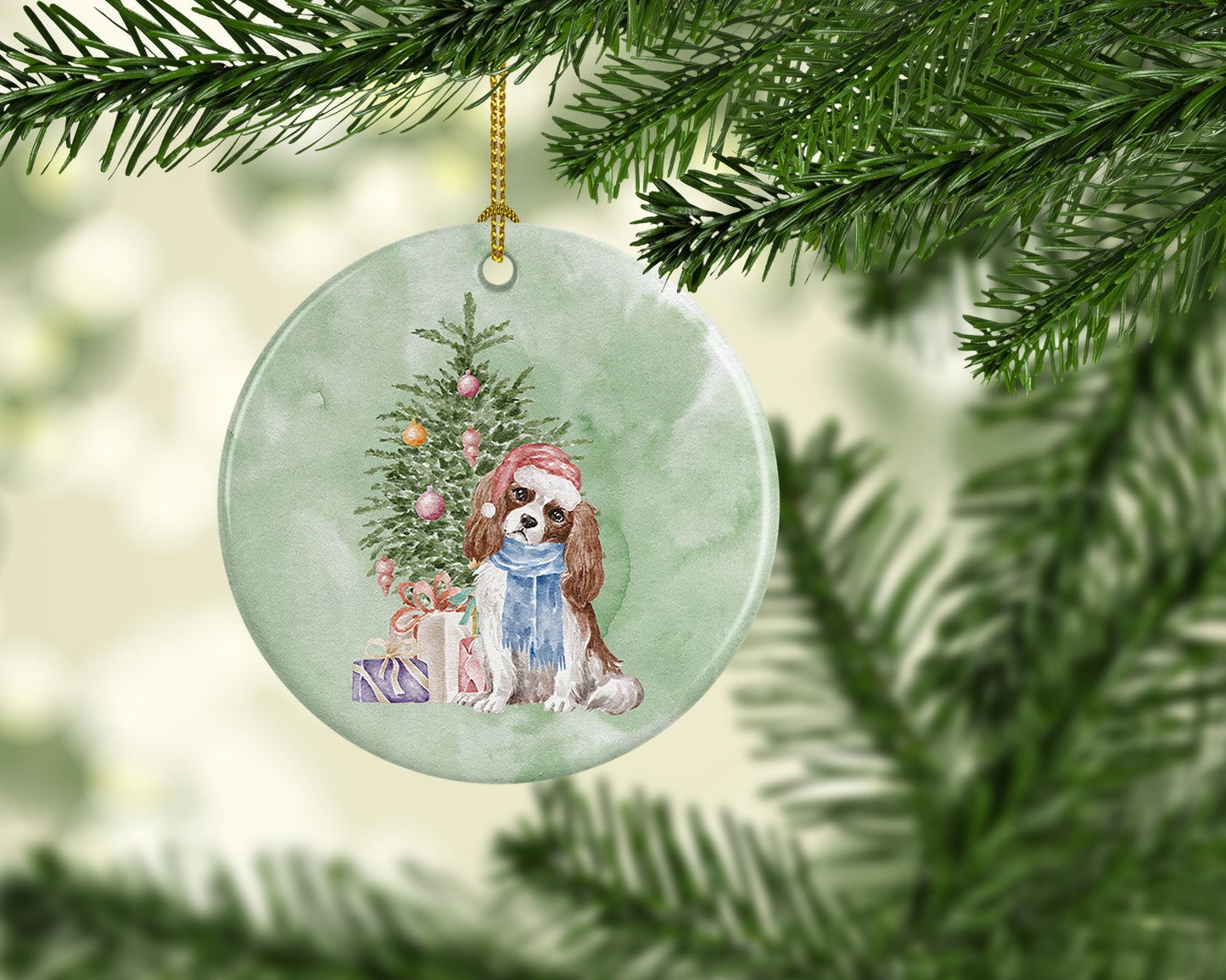 Cavalier Spaniel Tricolor Blenheim Christmas Presents and Tree Ceramic Ornament