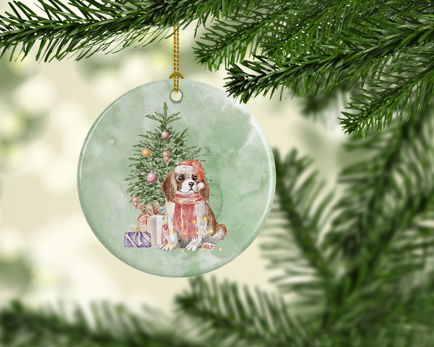 Cavalier Spaniel Tricolor Blenheim Puppy Christmas Presents and Tree Ceramic Ornament