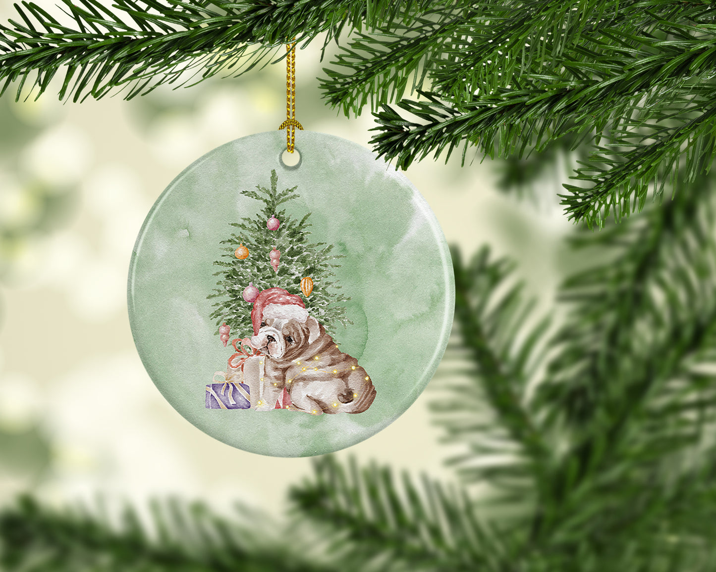 Bulldog, English Bulldog Puppy Christmas Presents and Tree Ceramic Ornament