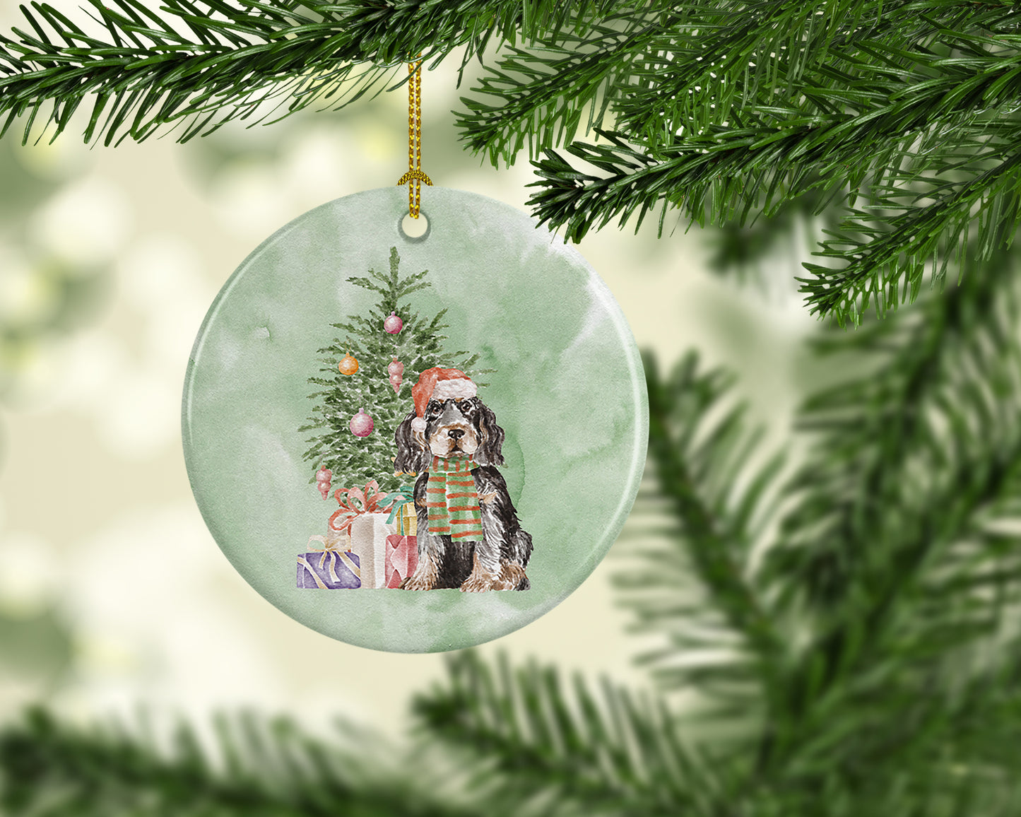 Cocker Spaniel English Black Tan Christmas Presents and Tree Ceramic Ornament