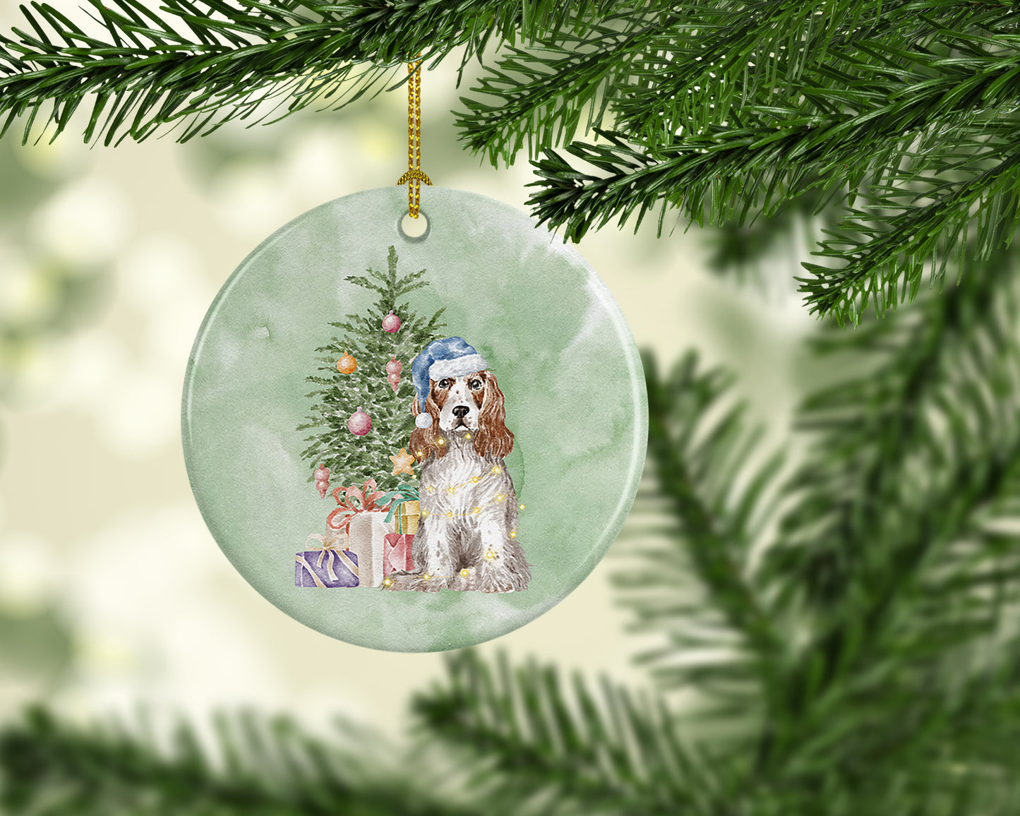 Cocker Spaniel English Red White Christmas Presents and Tree Ceramic Ornament