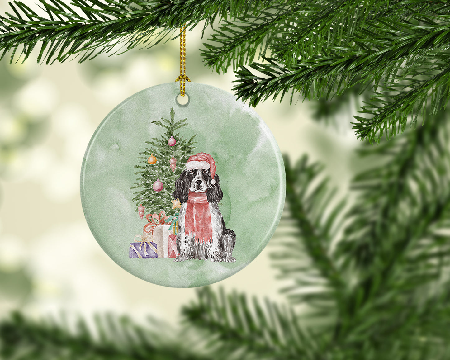 Cocker Spaniel English Black Parti Christmas Presents and Tree Ceramic Ornament