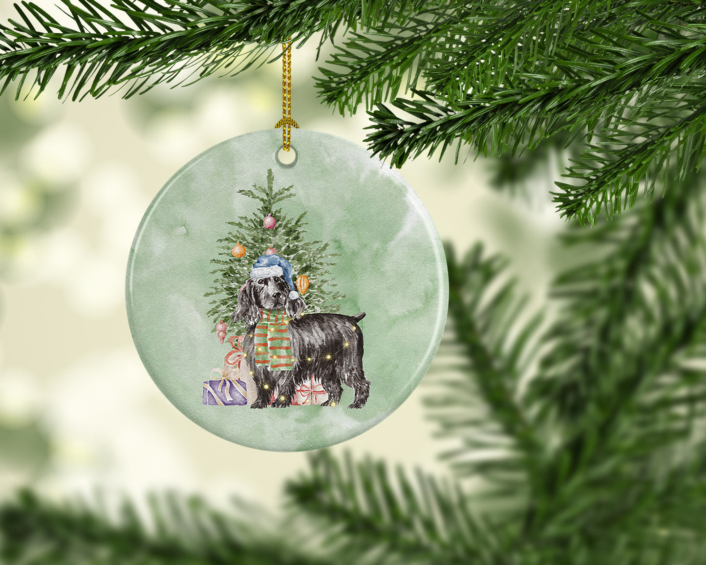 Cocker Spaniel English Black Christmas Presents and Tree Ceramic Ornament