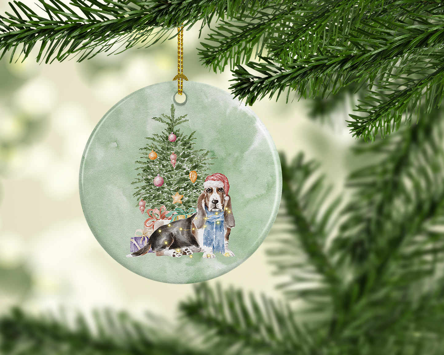 Basset Hound Christmas Presents and Tree Ceramic Ornament