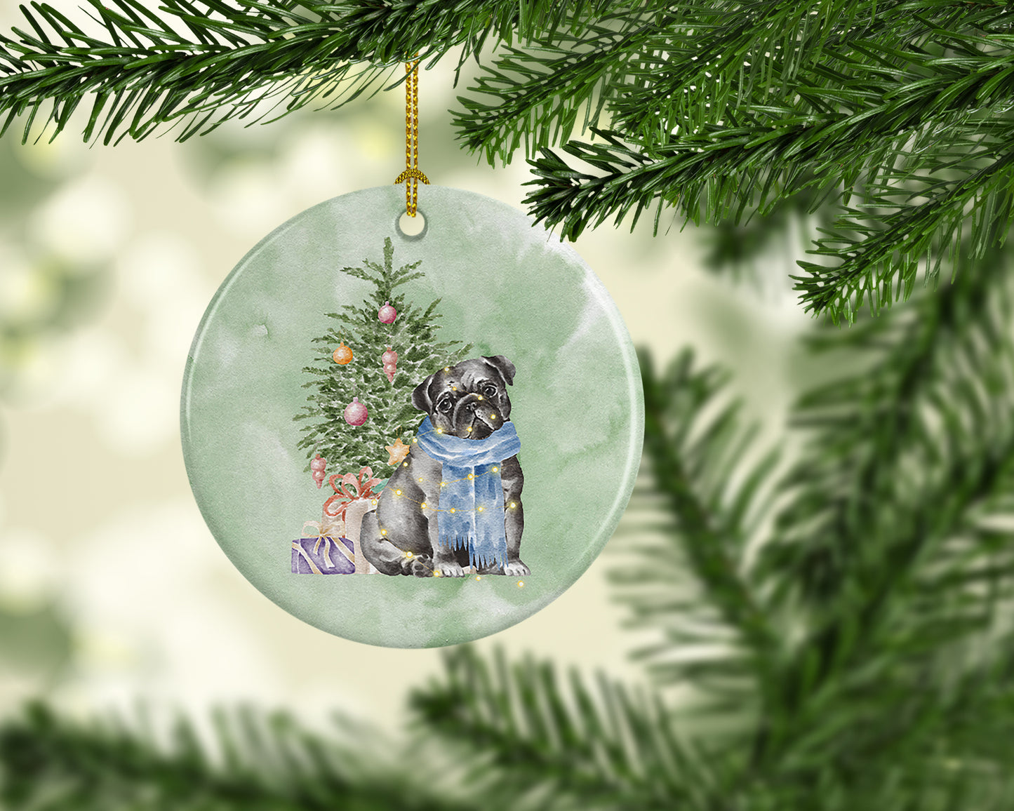 Pug Black Christmas Presents and Tree Ceramic Ornament