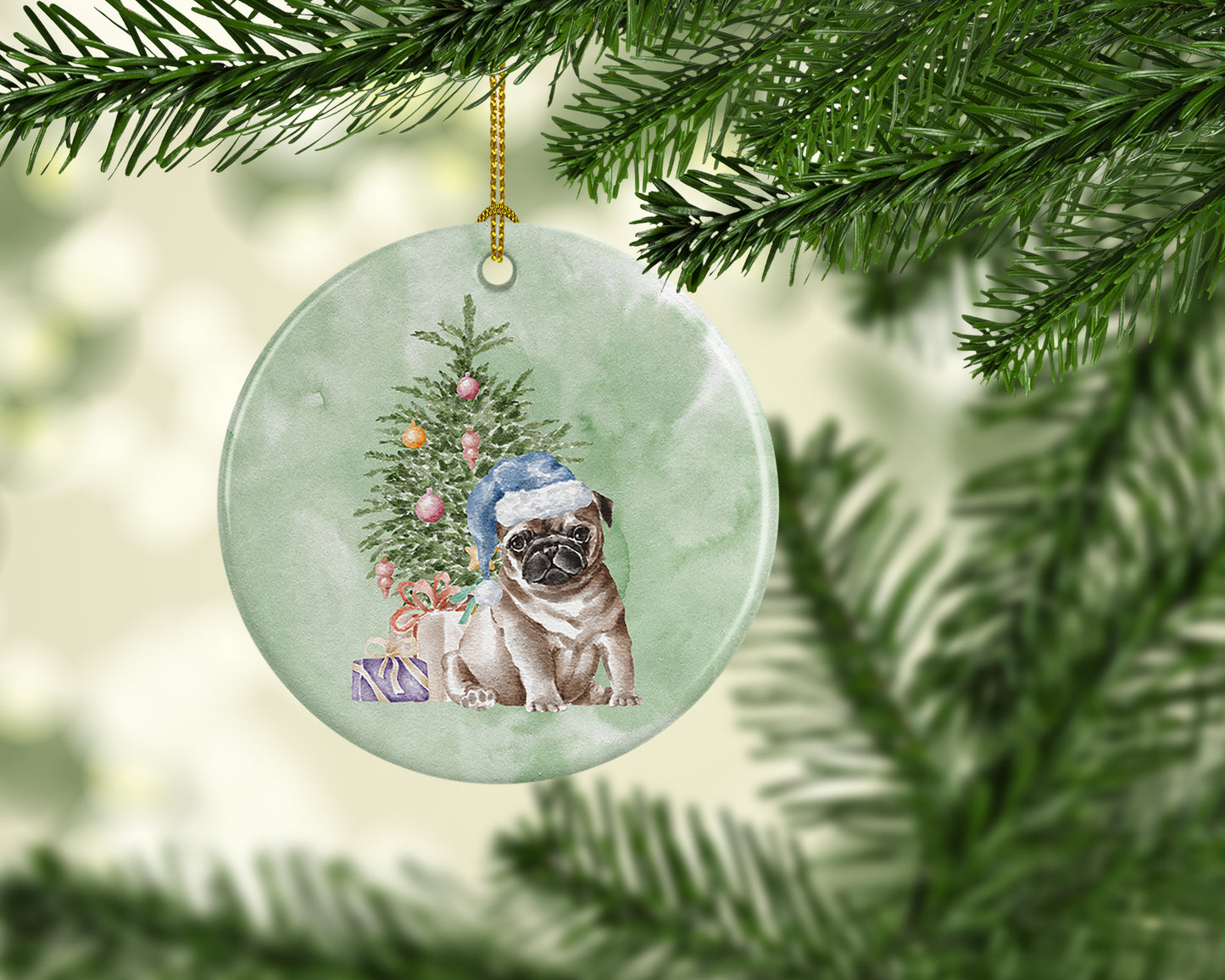 Pug Fawn Puppy Christmas Presents and Tree Ceramic Ornament