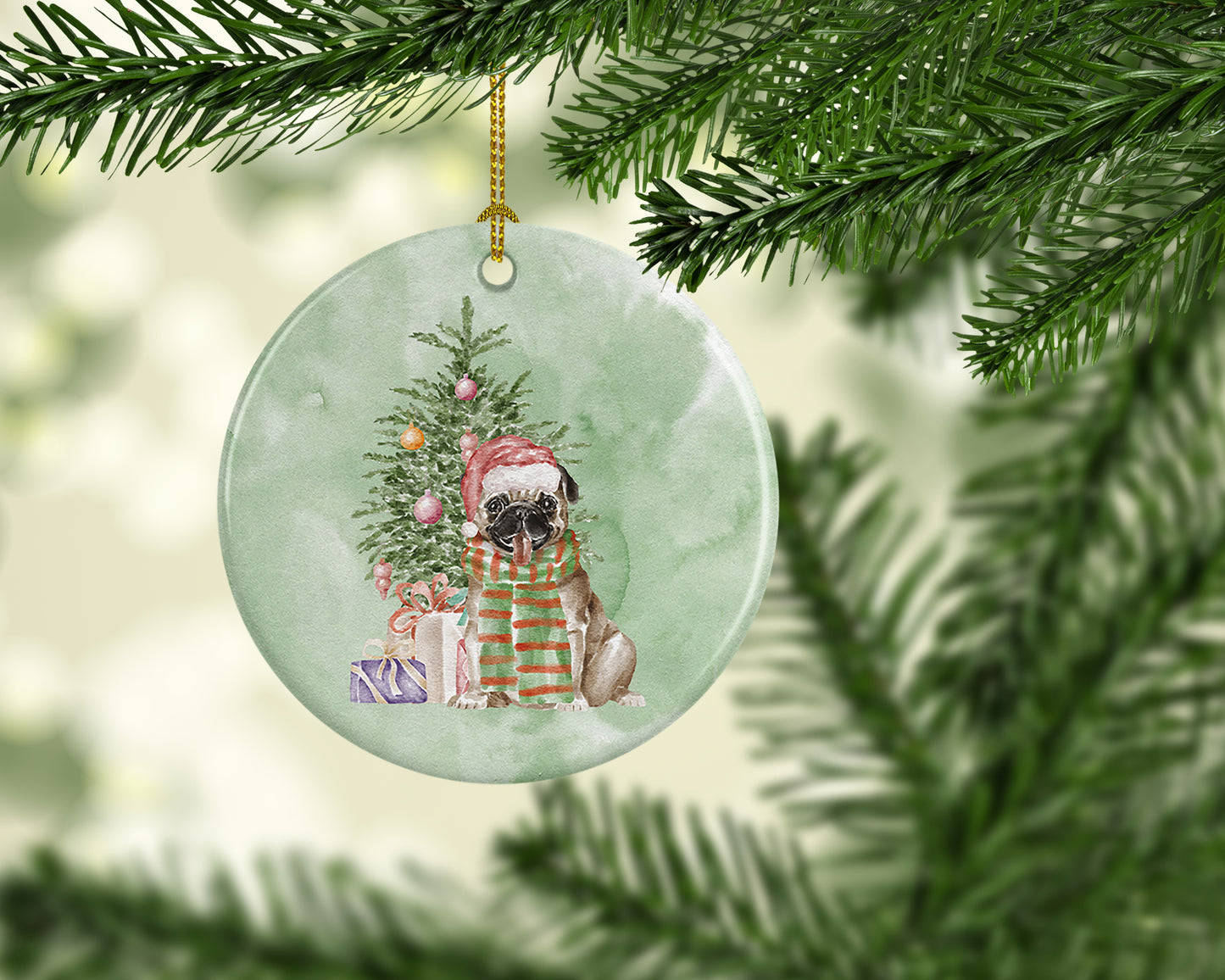 Pug Fawn Christmas Presents and Tree Ceramic Ornament