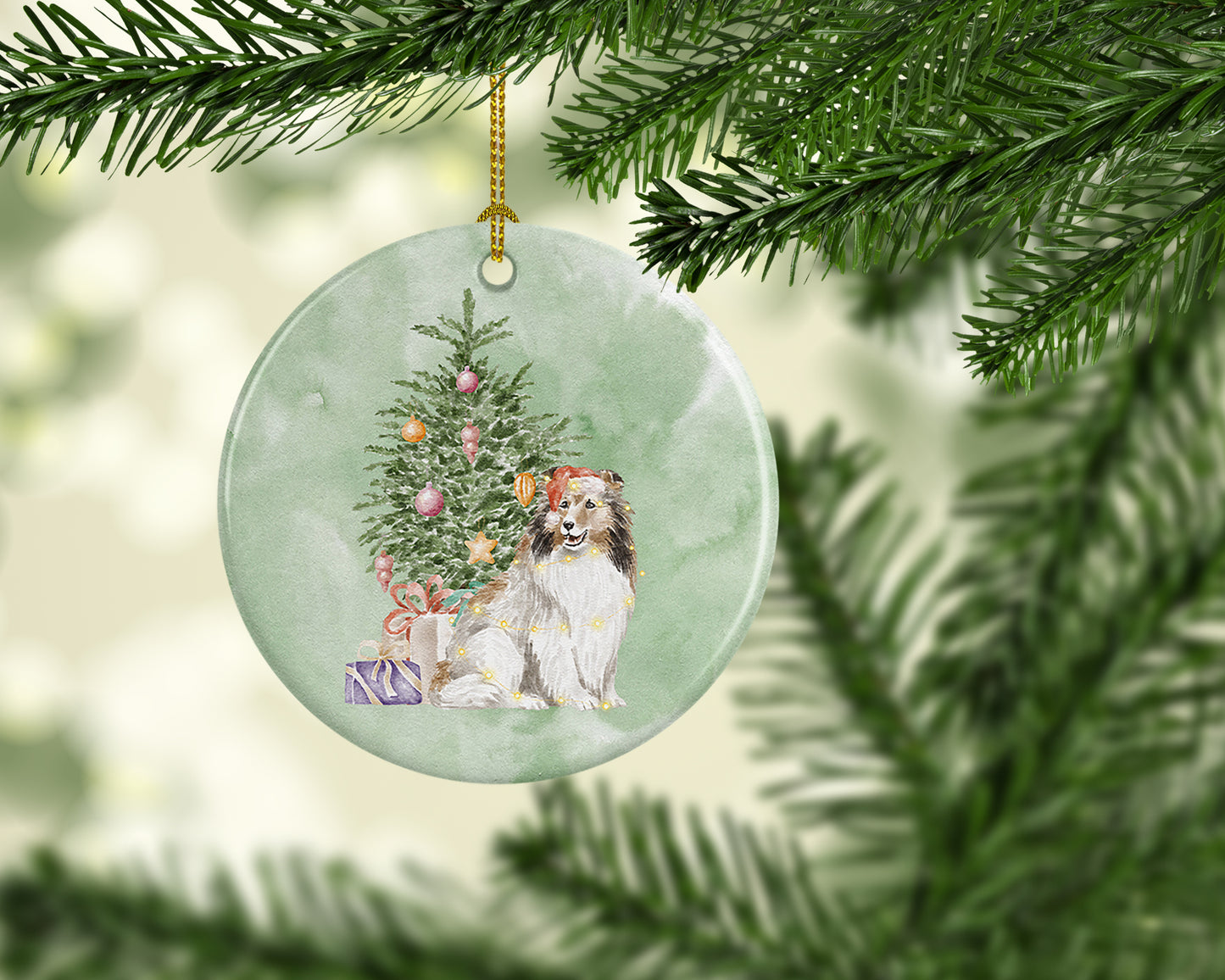 Sheltie Christmas Presents and Tree Ceramic Ornament