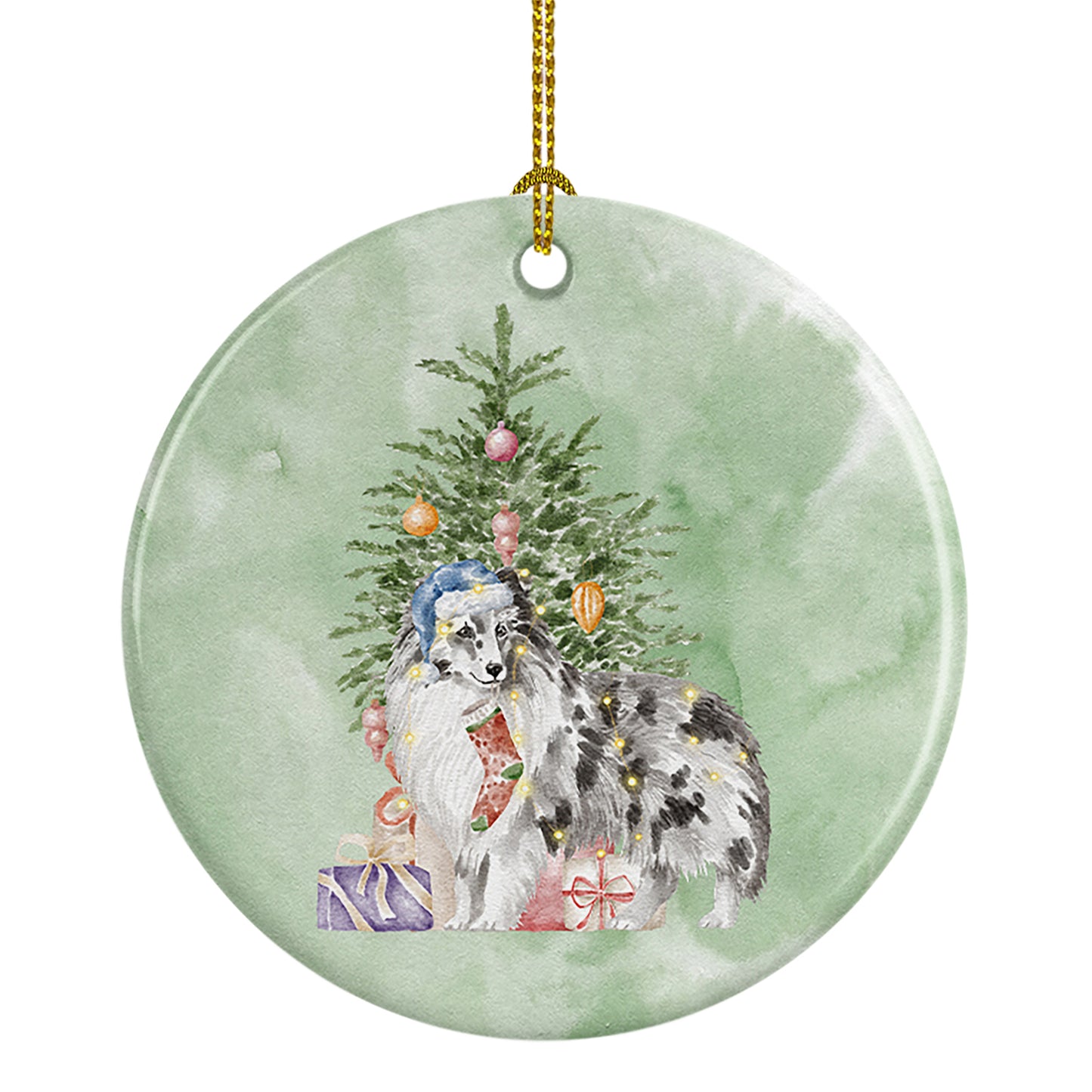 Buy this Sheltie Blue Merle Christmas Presents and Tree Ceramic Ornament