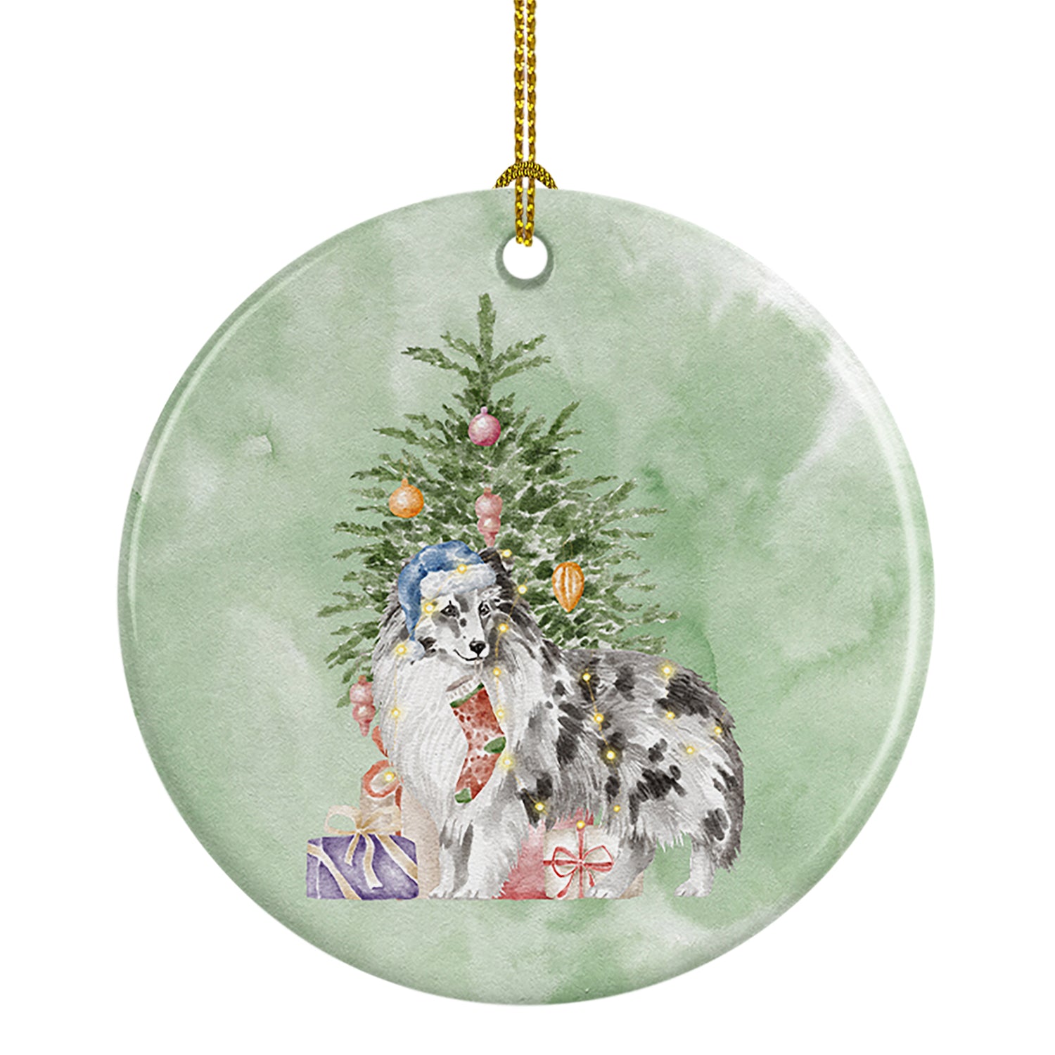 Buy this Sheltie Blue Merle Christmas Presents and Tree Ceramic Ornament