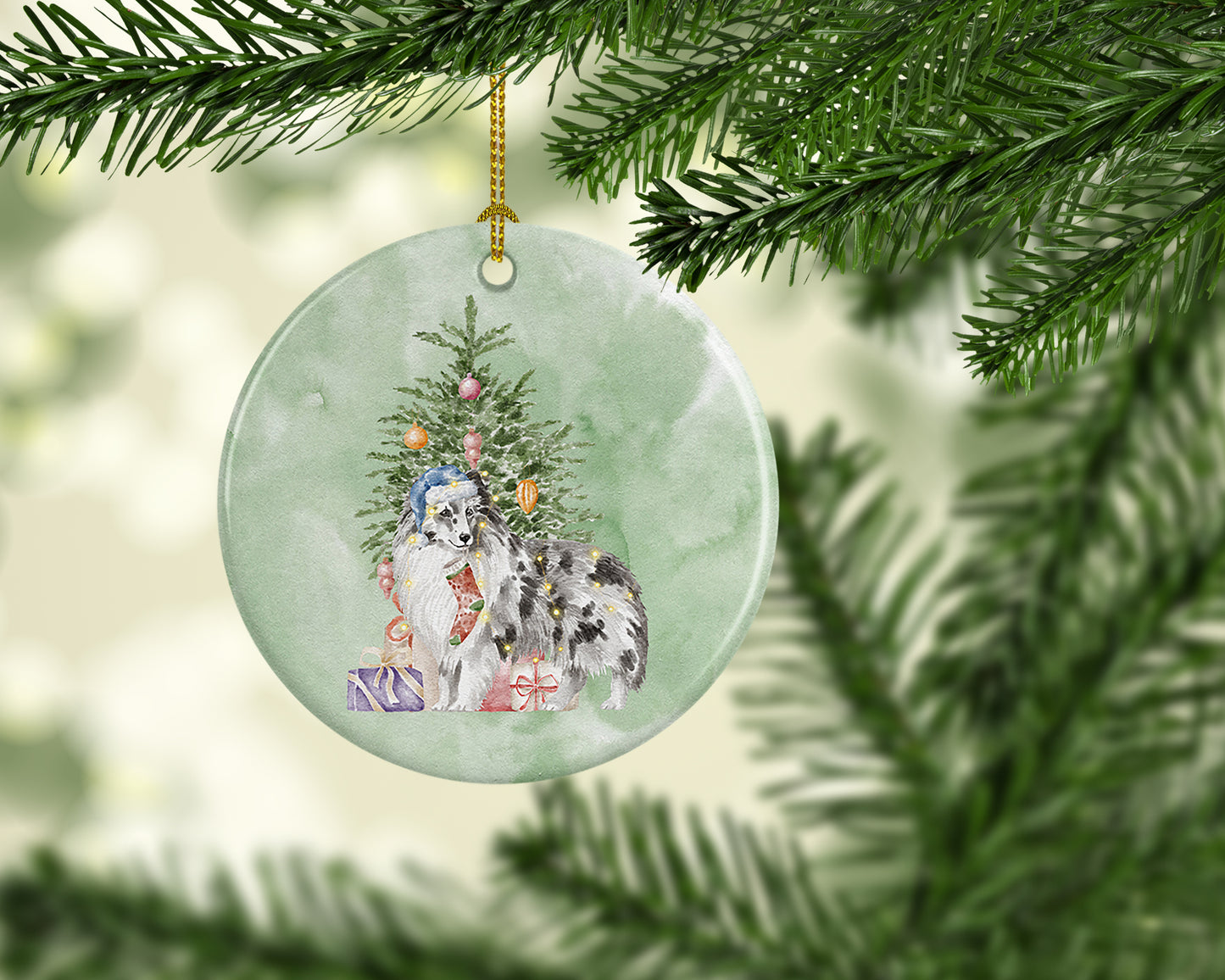 Sheltie Blue Merle Christmas Presents and Tree Ceramic Ornament