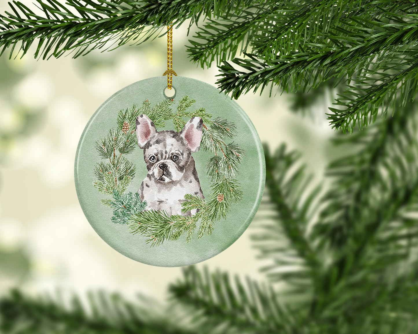 French Bulldog Puppy Pied Christmas Wreath Ceramic Ornament