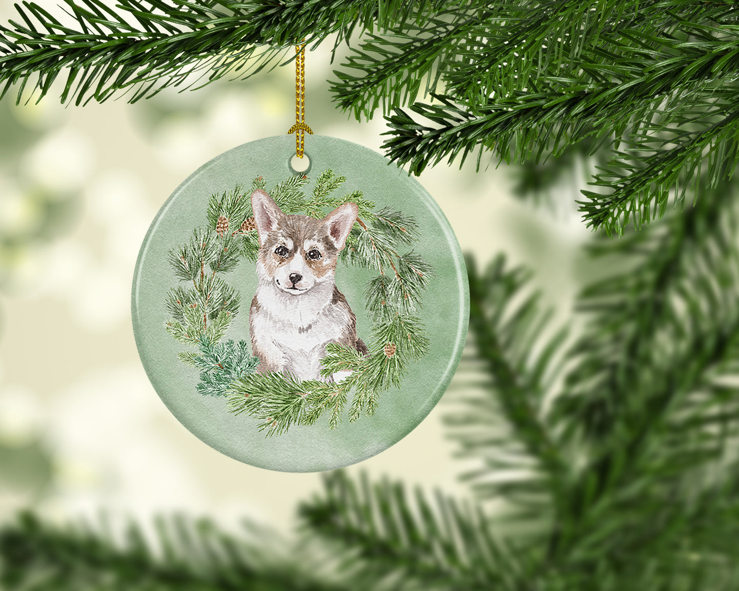 Corgi Puppy Sable Christmas Wreath Ceramic Ornament